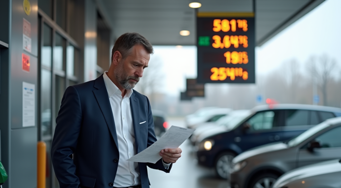Taxe carbone : quels pays affichent la taxe la plus élevée aujourd’hui ? Homme d'affaires regardant la pompe à essence en Europe