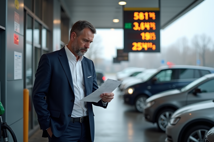 Homme d'affaires regardant la pompe à essence en Europe