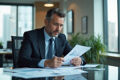 Homme d'affaires en costume analysant des graphiques financiers