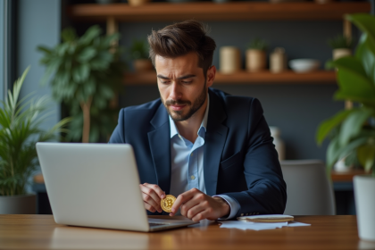 Jeune homme d'affaires avec bitcoin en main
