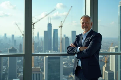Homme d'affaires en costume devant la skyline urbaine