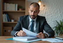 Homme d'affaires marocain en costume examine brochures d'assurance vie