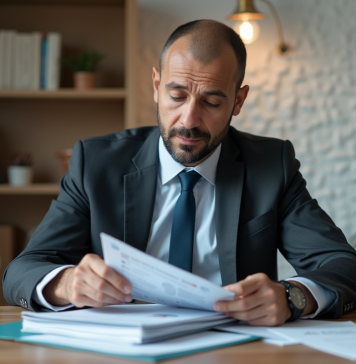 Homme d'affaires marocain en costume examine brochures d'assurance vie