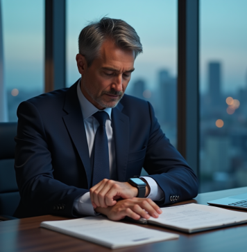 Homme d'affaires regardant sa montre connectée dans un bureau