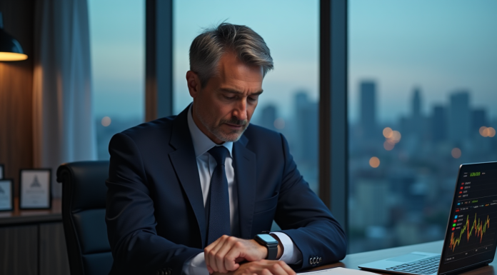 Homme d'affaires regardant sa montre connectée dans un bureau