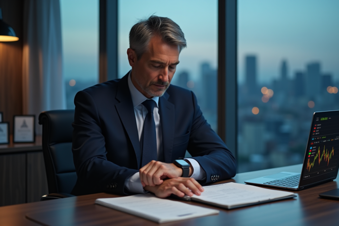 homme-affaires-montre-digital Homme d'affaires regardant sa montre connectée dans un bureau