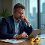 Prédiction hausse or 2025 : Quelles perspectives pour l’évolution du cours de l’or ? Homme d'affaires analysant des lingots d'or et graphiques