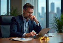 Prédiction hausse or 2025 : Quelles perspectives pour l’évolution du cours de l’or ? Homme d'affaires analysant des lingots d'or et graphiques