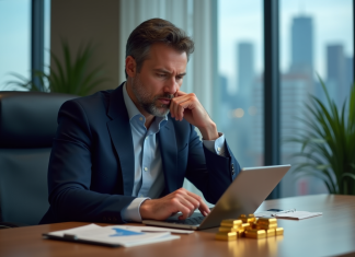 Prédiction hausse or 2025 : Quelles perspectives pour l’évolution du cours de l’or ? Homme d'affaires analysant des lingots d'or et graphiques