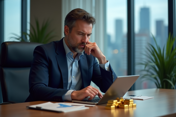 Homme d'affaires analysant des lingots d'or et graphiques