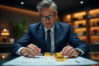 Homme d'affaires en costume bleu examinant des lingots d'or