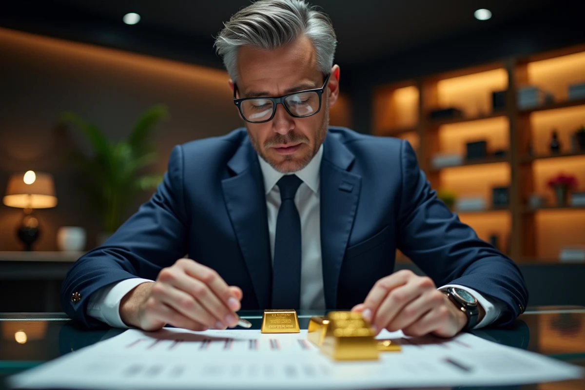 Homme d'affaires en costume bleu examinant des lingots d'or