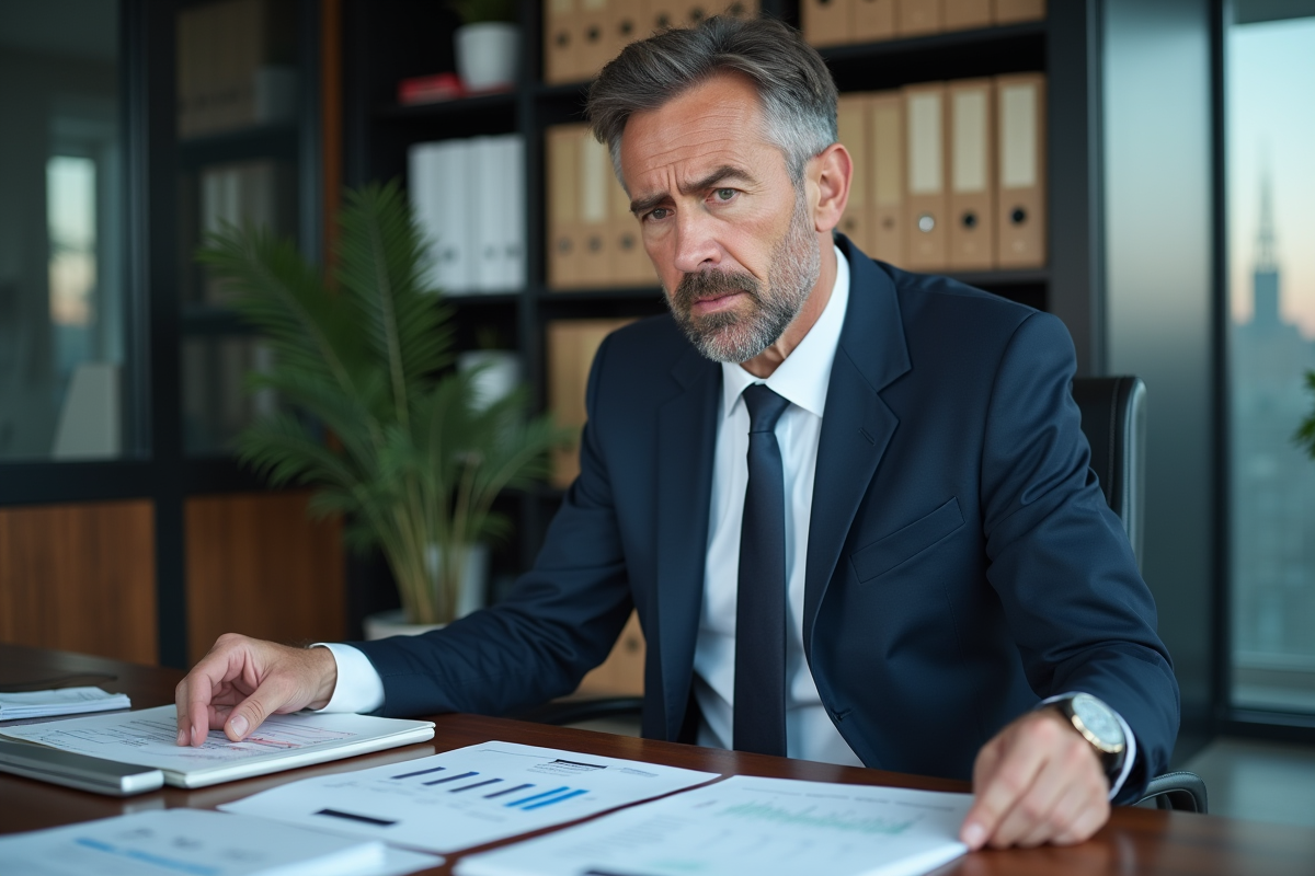 Homme d'affaires en costume bleu à son bureau en pleine réflexion