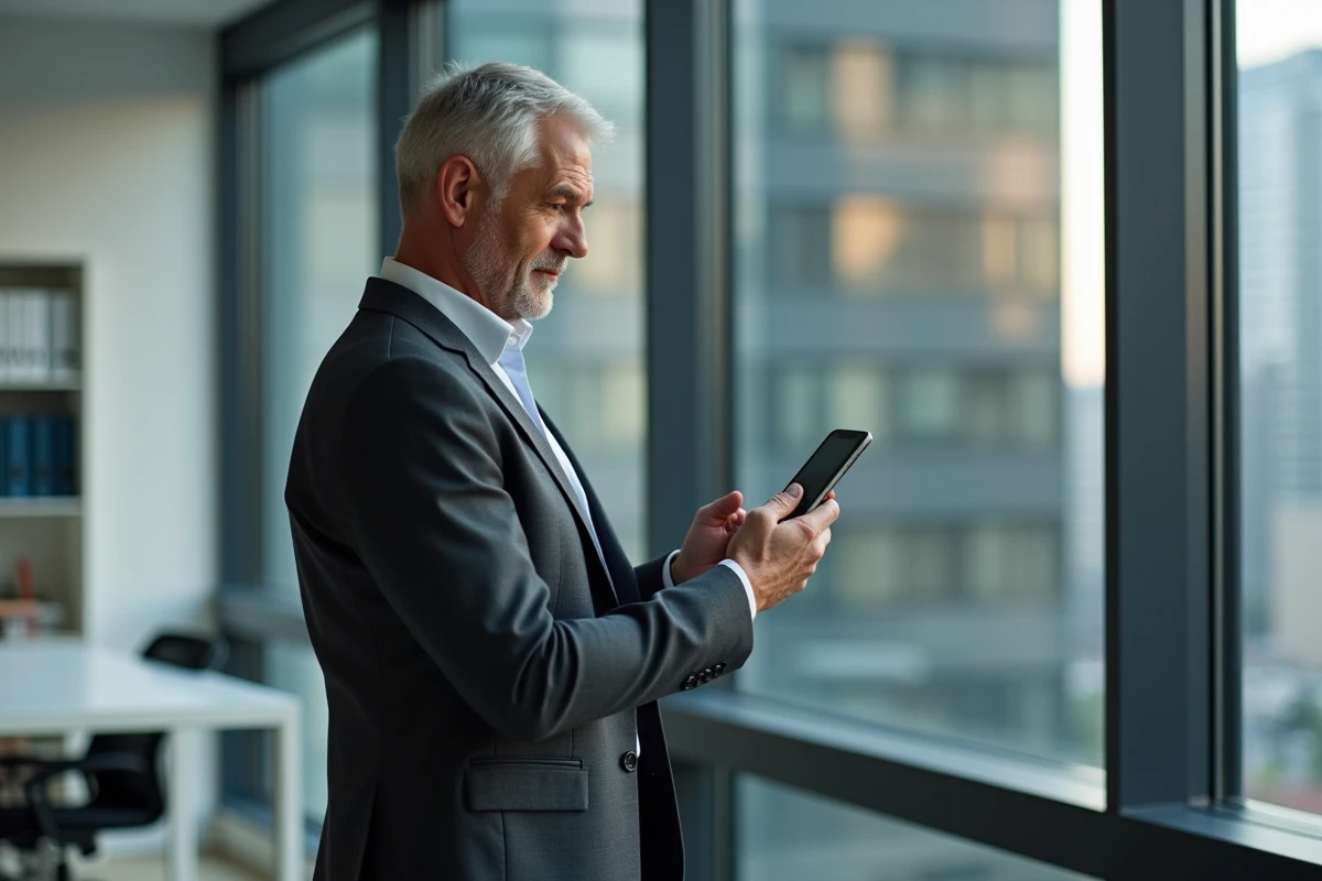 Homme d'affaires consultant son téléphone pour suivre les étapes d'une négociation avec un bureau de crédit