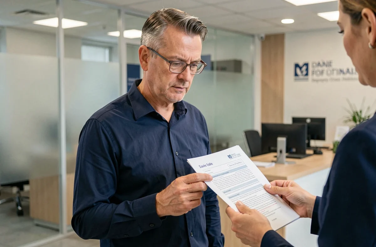 Homme en agence bancaire consultant un document sur le taux du livret A