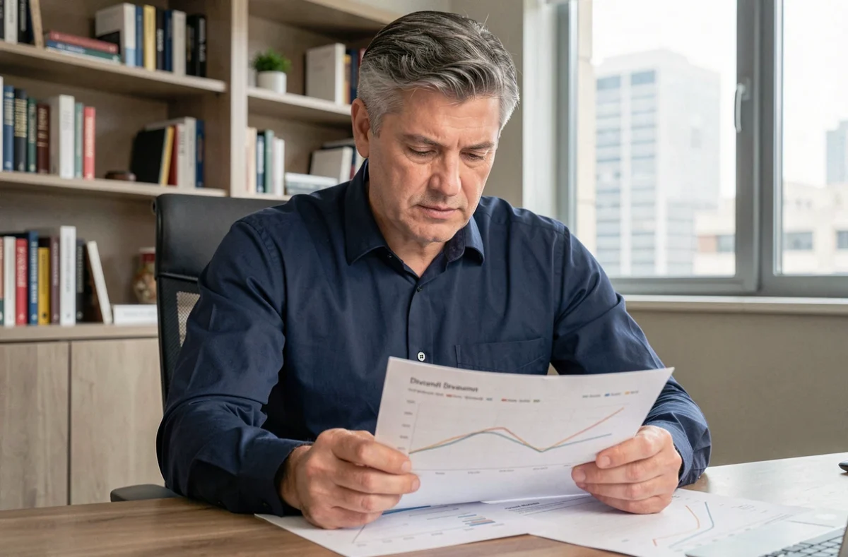 Homme analysant des graphiques d'historique de dividendes pour planifier un achat par versements programmés