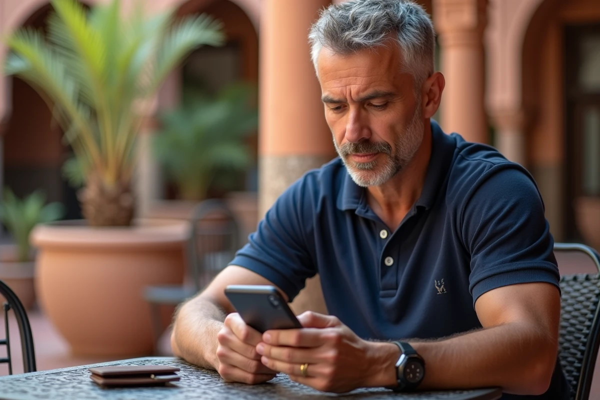 Homme consultant une application de conversion dirham euro sur smartphone dans un café marocain