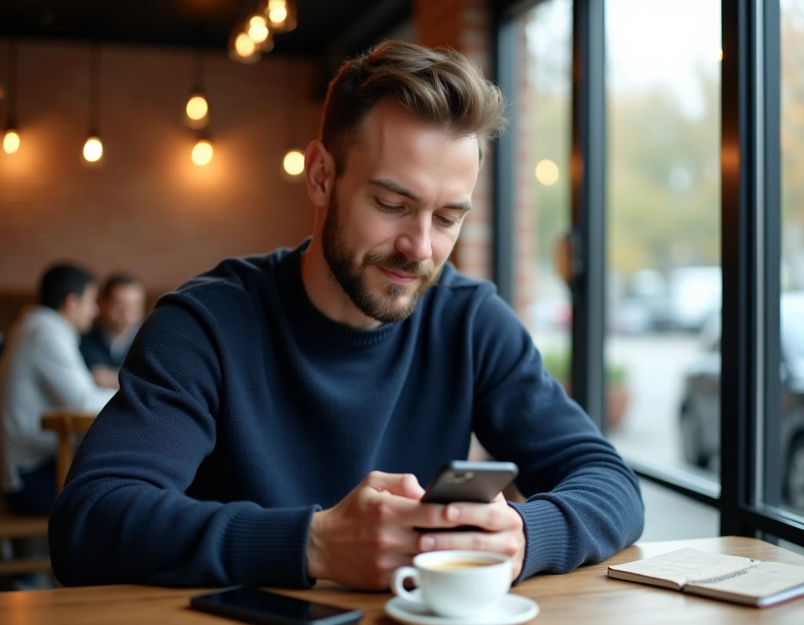 Homme consultant une application de récompenses sur smartphone dans un café moderne pour générer des revenus supplémentaires