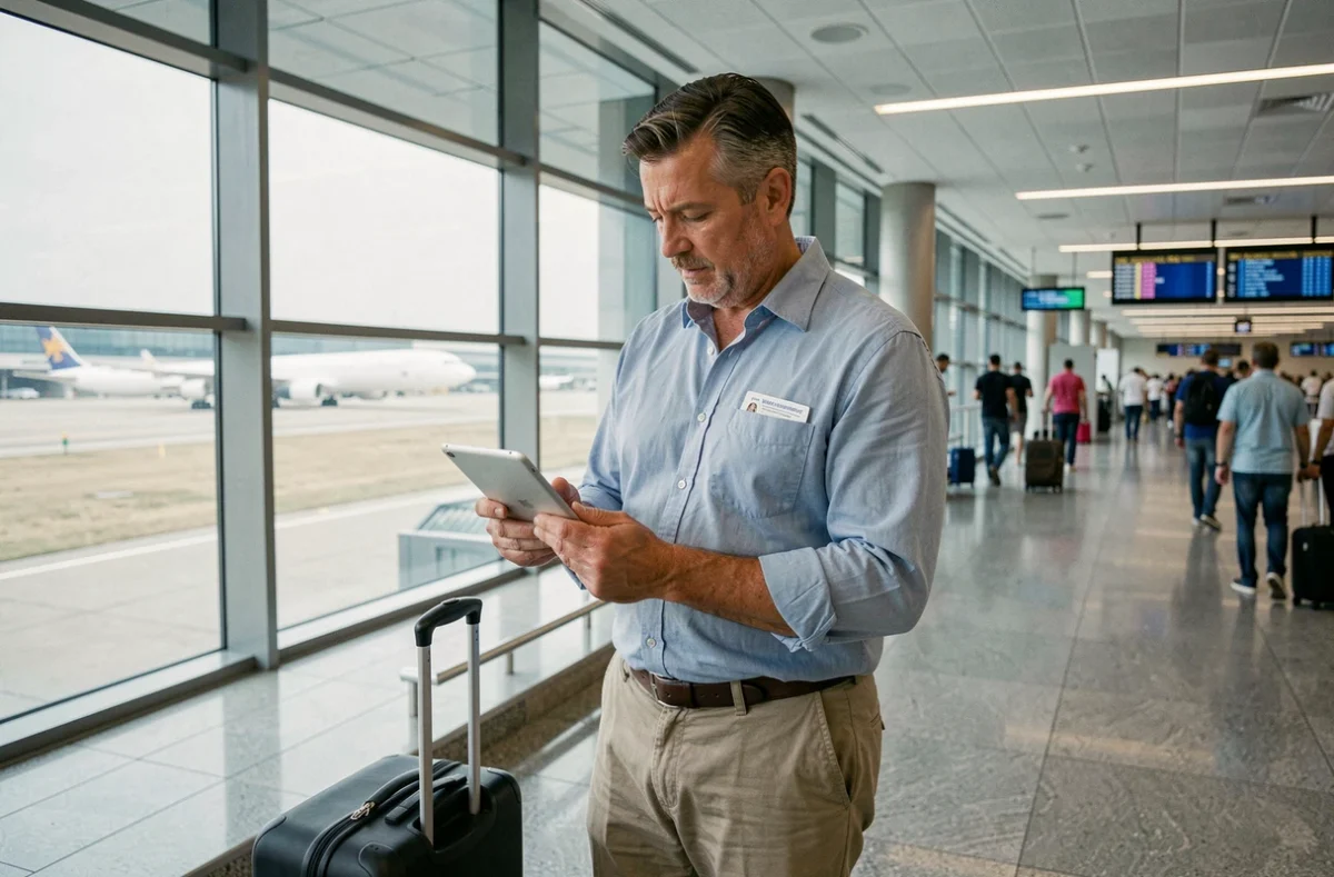 Homme recherchant une assurance voyage sur tablette dans un aéroport international avant son départ