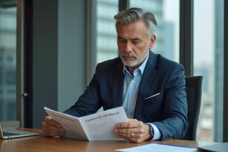 Assureur en costume dans un bureau moderne lisant un manuel