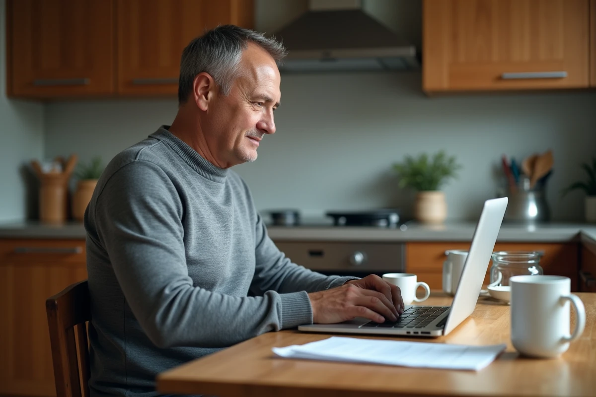 Homme à la maison consulte ses finances en ligne