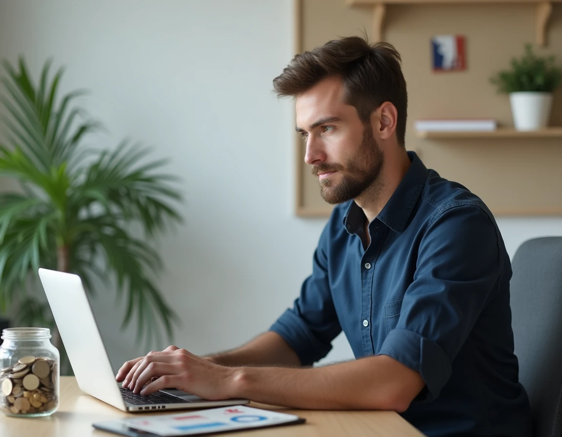 Homme gérant ses économies depuis un bureau à domicile avec un tableau de bord d'épargne sur ordinateur portable et des billets euros, symbolisant la gestion d'un fonds d'urgence
