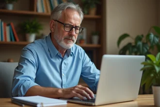 Homme d'âge moyen travaillant sur son ordinateur dans un bureau cosy