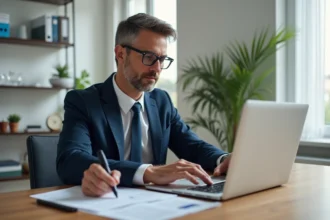 Homme en costume travaillant sur sa déclaration de revenus