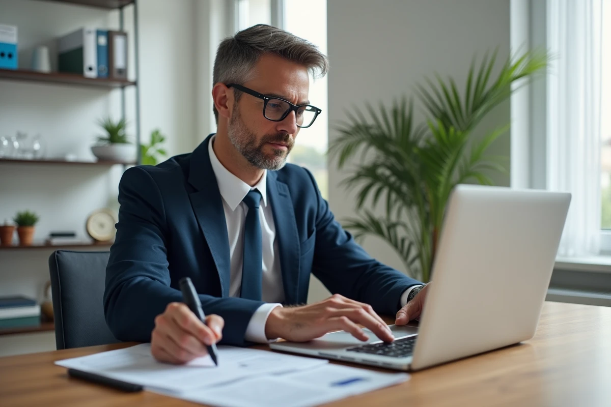 Homme en costume travaillant sur sa déclaration de revenus