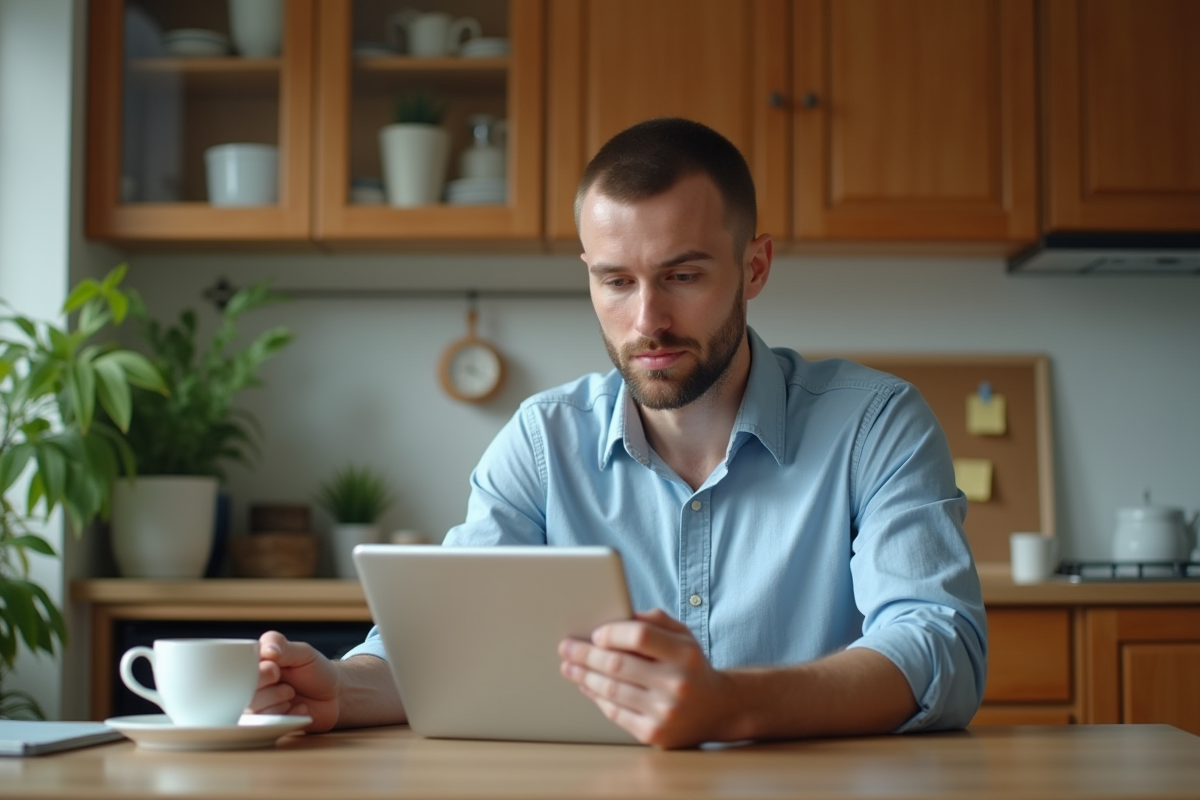 Homme calculant un pret sur une tablette dans sa cuisine