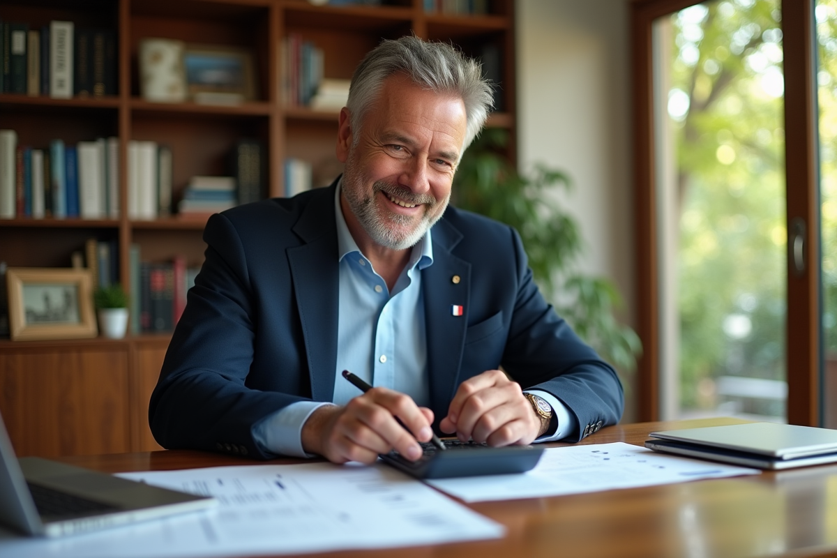 Homme souriant utilisant une calculatrice dans un bureau lumineux