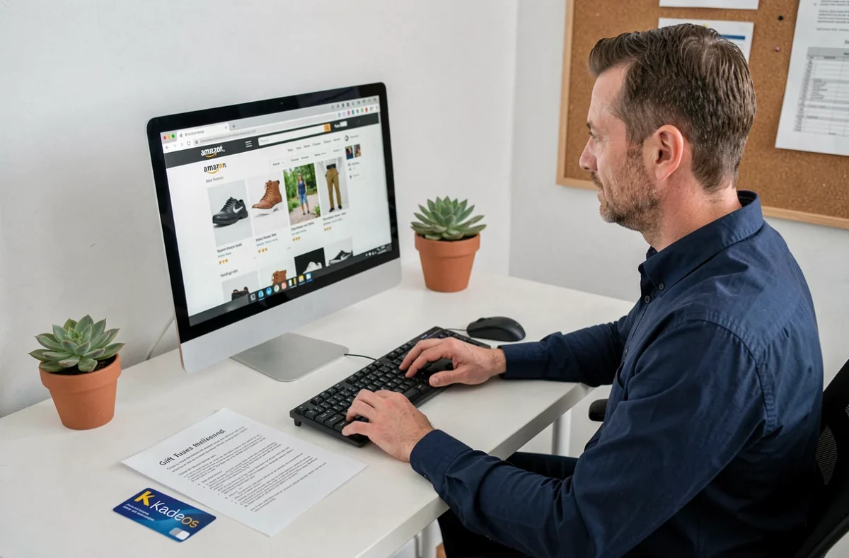Homme consultant les conditions d'utilisation d'une carte Kadeos Infini sur Amazon depuis son bureau professionnel