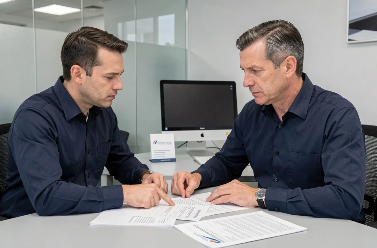 Homme en réunion avec un conseiller financier pour suivre l'appel de son dossier de crédit Cofidis