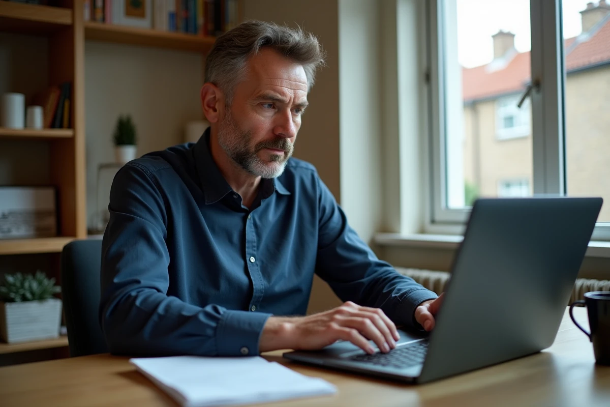 Un homme consulte en ligne les changements de versements France Travail depuis son domicile