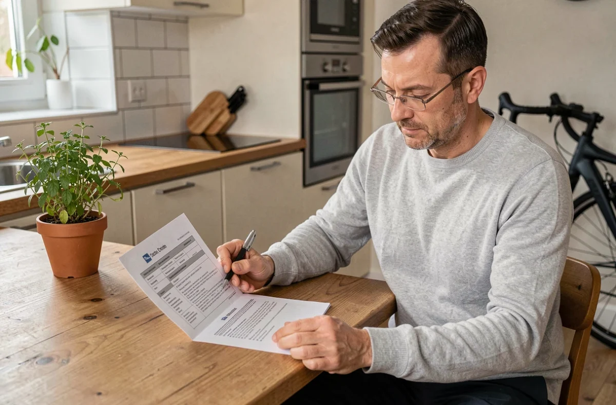 Homme examinant un contrat d'assurance vélo électrique à une table de cuisine moderne