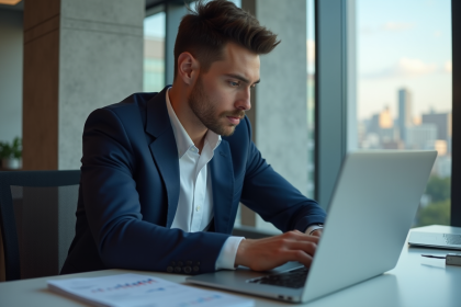 Jeune homme en costume examine graphiques crypto au bureau