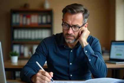 Homme consultant des documents fiscaux dont la déclaration 3916 BIS sur un bureau de travail à domicile avec formulaires et ordinateur