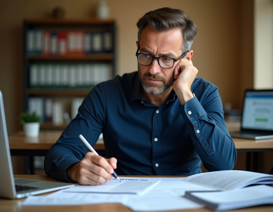 Homme consultant des documents fiscaux dont la déclaration 3916 BIS sur un bureau de travail à domicile avec formulaires et ordinateur