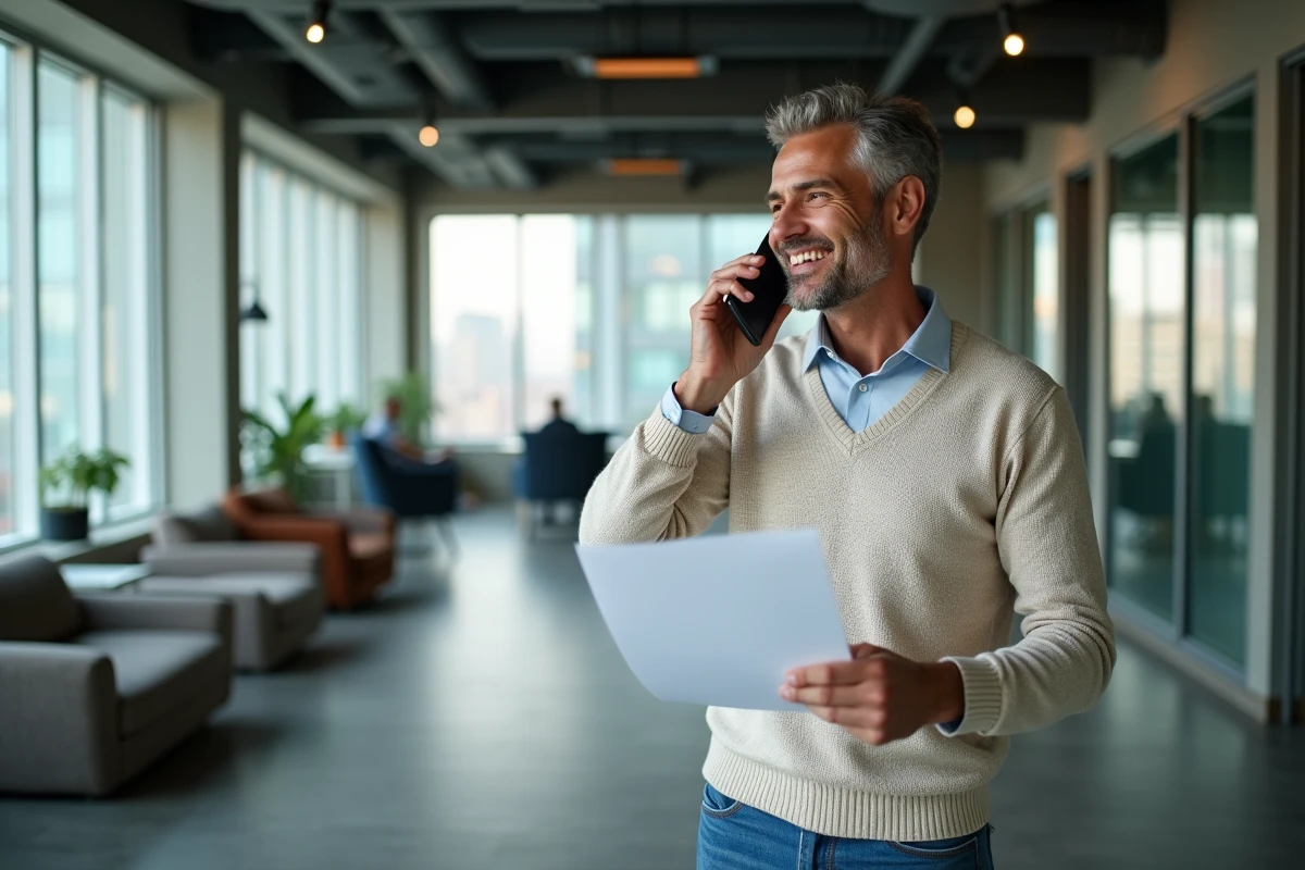 Homme discutant assurance au téléphone dans un bureau moderne