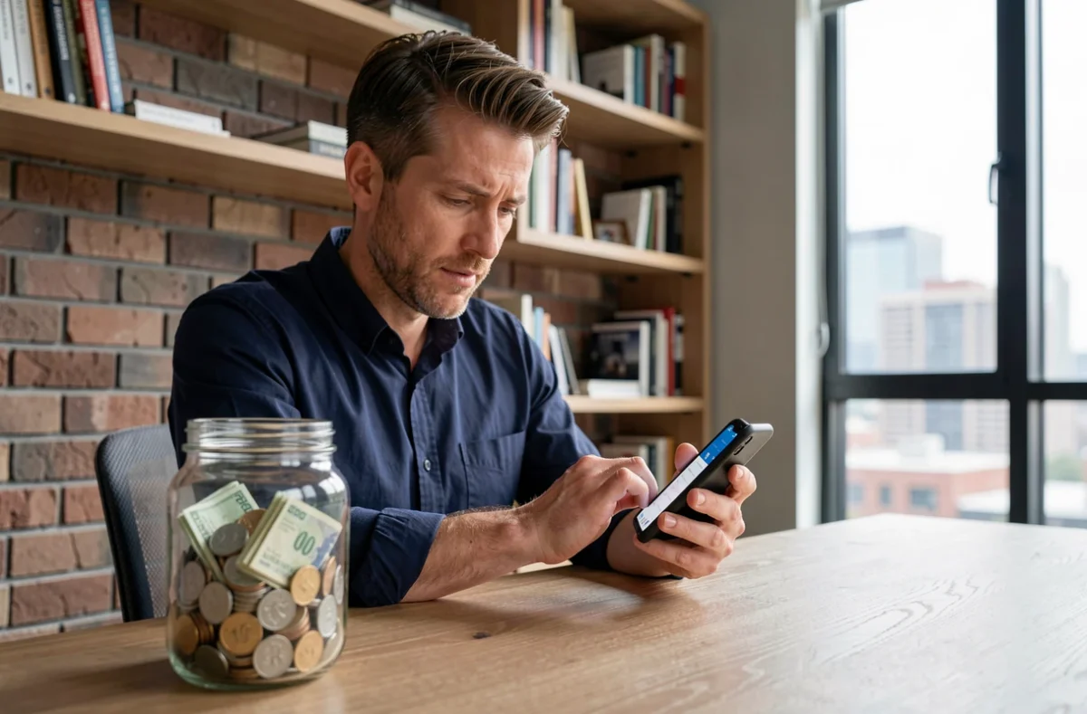 Homme gérant son épargne de précaution avec une application bancaire et un bocal d'économies dans un bureau à domicile
