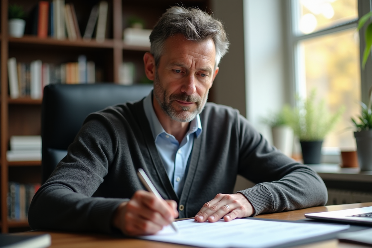 Homme dapproximativement 40 ans remplissant des formulaires