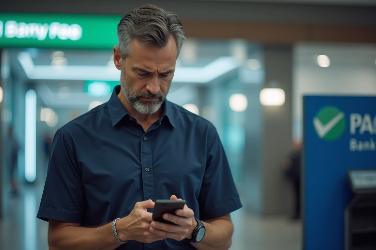 Homme consultant les alertes de frais sur son smartphone dans une agence financière