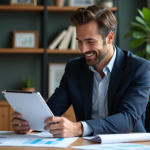 Homme en blazer étudiant des documents financiers dans un bureau