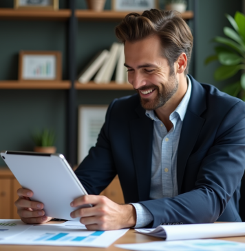 Homme en blazer étudiant des documents financiers dans un bureau