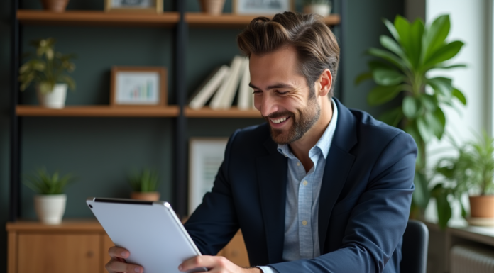 Homme en blazer étudiant des documents financiers dans un bureau