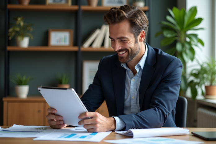 homme-investissement-bureau Homme en blazer étudiant des documents financiers dans un bureau