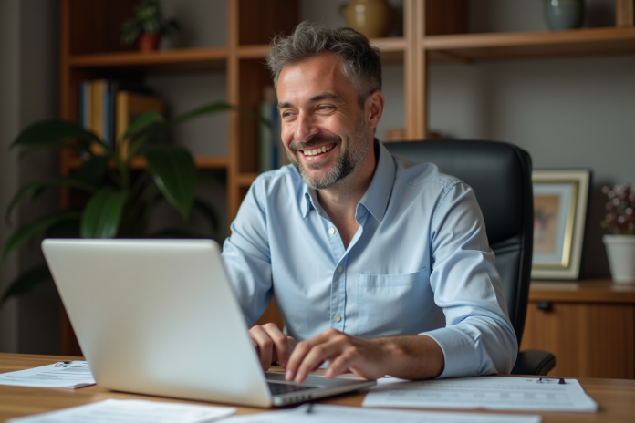 homme-investissement-immobilier Homme d'âge moyen dans un bureau moderne examine des papiers immobiliers