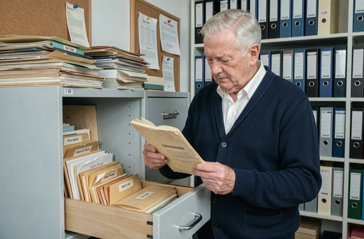Homme âgé consultant un ancien livret d'épargne devant un classeur de documents bancaires archivés à domicile