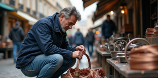 Où dénicher le prix le plus avantageux du gramme de cuivre en 2025 ? Homme d'âge moyen inspectant un panier de cuivre dans un marché européen