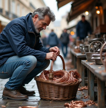 Homme d'âge moyen inspectant un panier de cuivre dans un marché européen